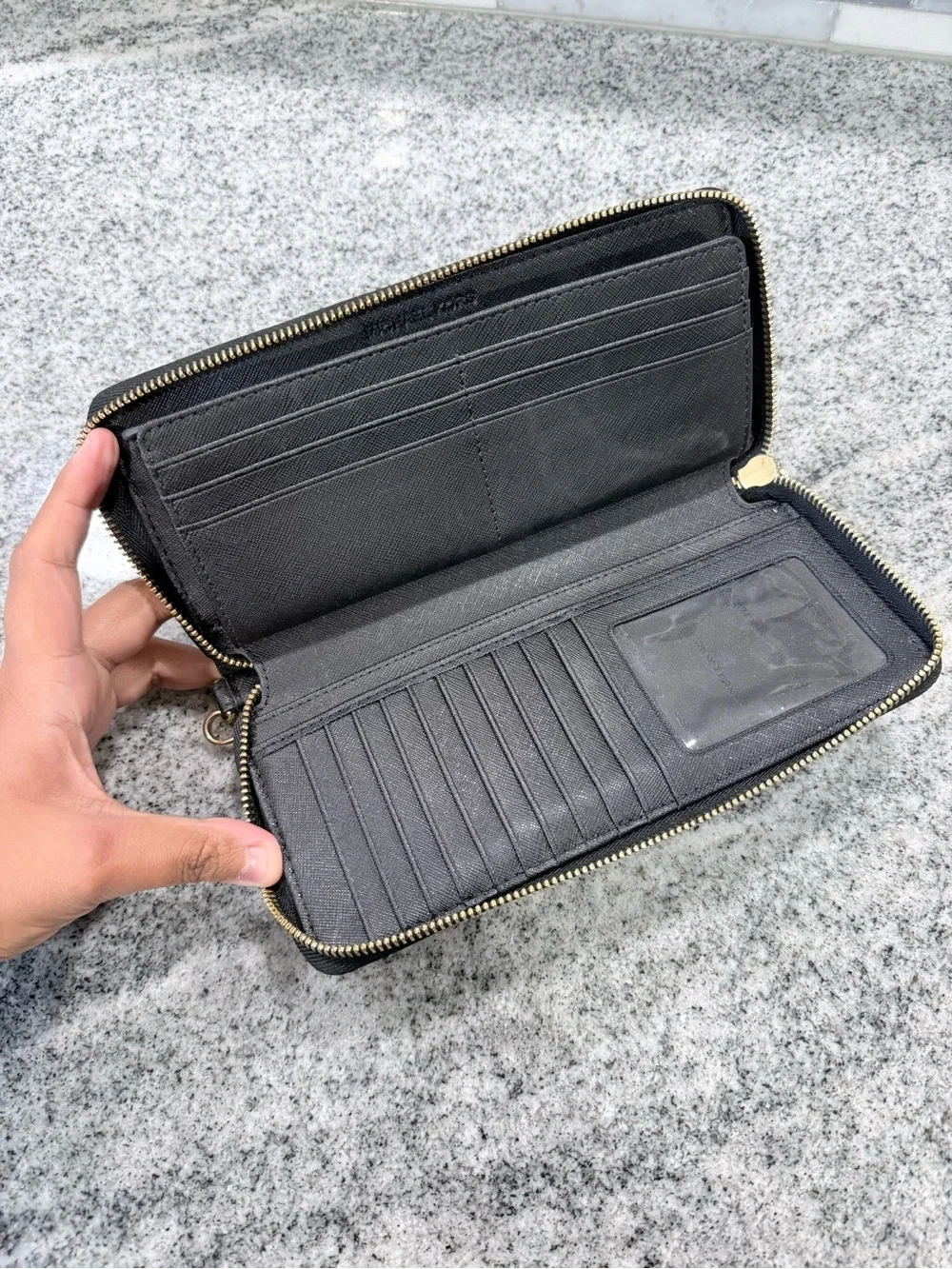 Michael Kors Black Saffiano Leather Zip Wristlet Wallet with Gold Logo